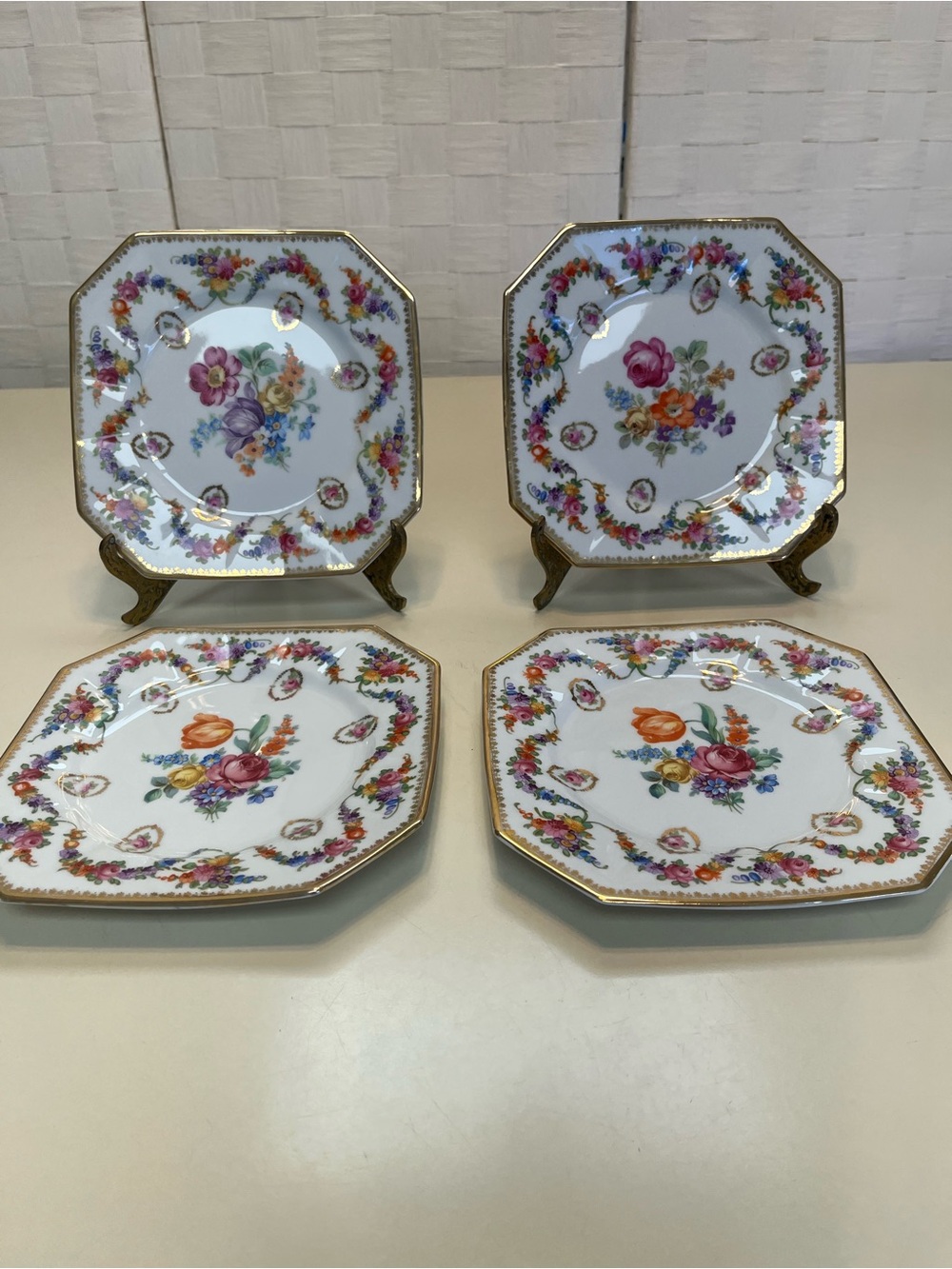 Antique 4 Schumann Bavaria Germany Dresden Floral Gilt Octagon Dessert Plates
